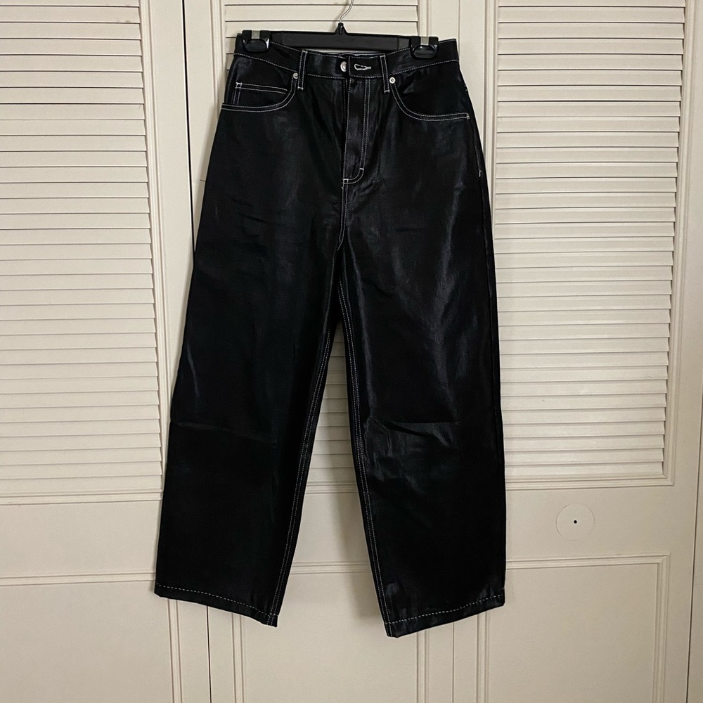 Topshop baggy black jeans contrast stitch coated sheen